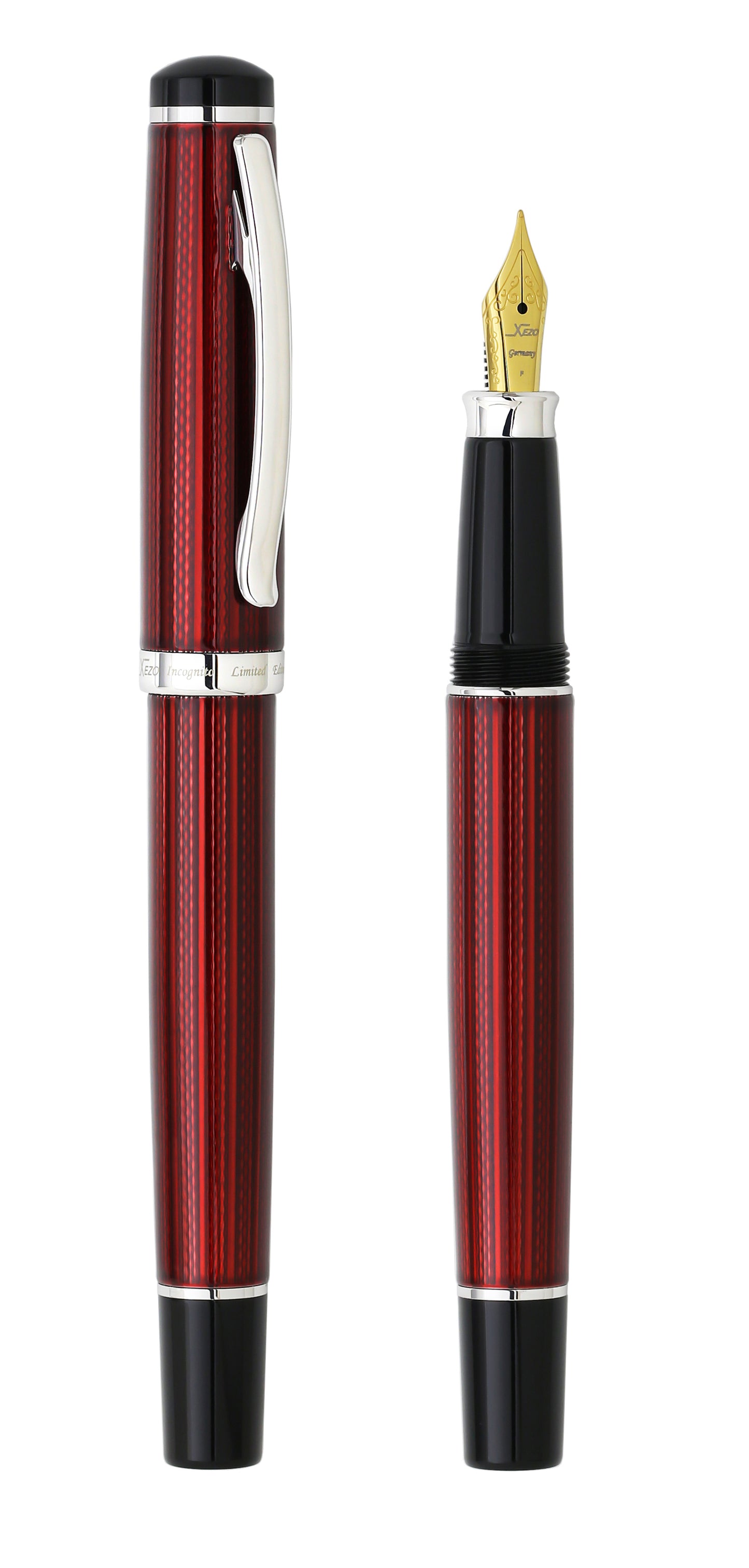 Xezo - Comparison between the angled view of the side of capped and uncapped Incognito Burgundy F-1 fountain pens