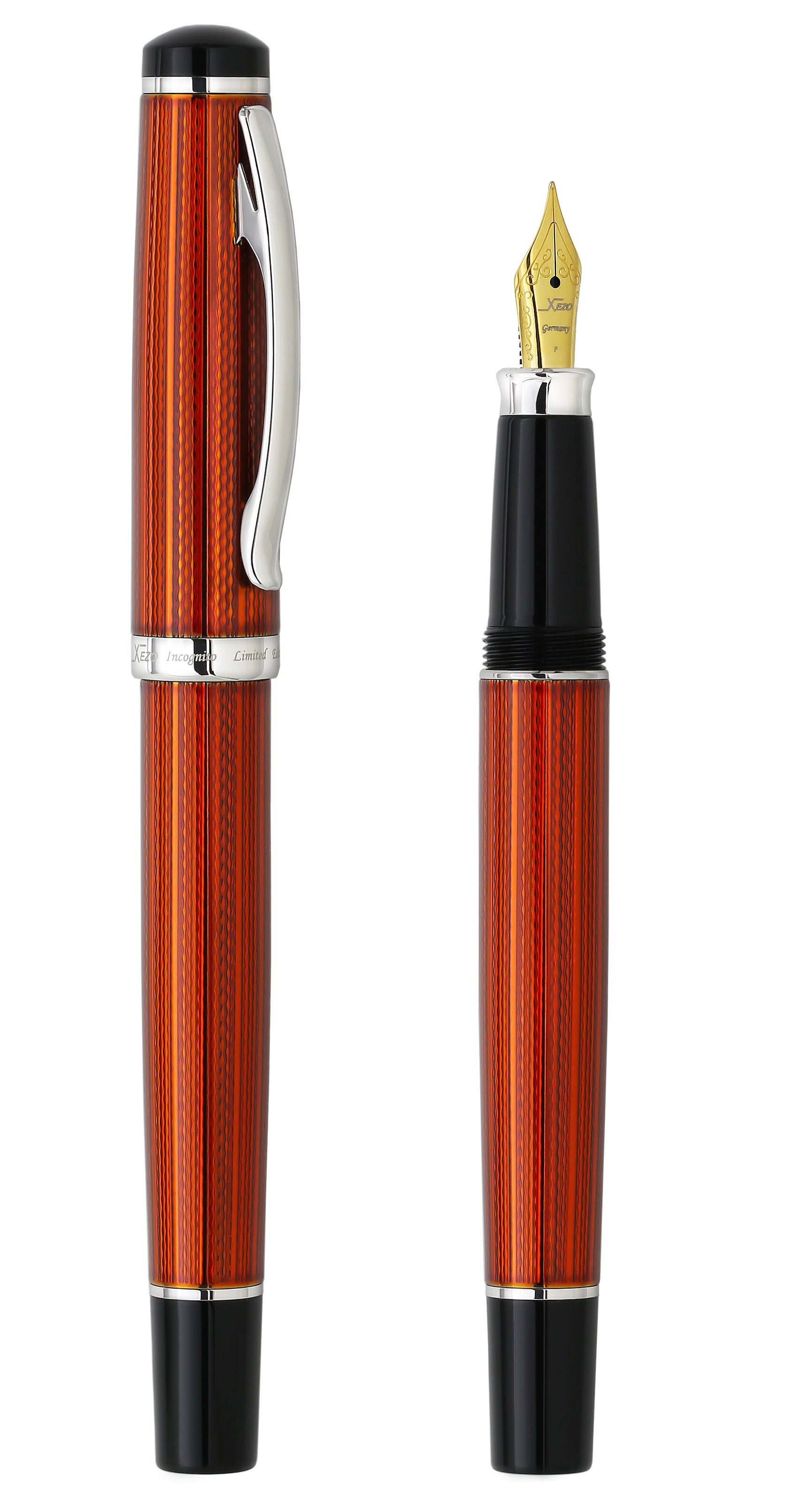 Xezo - Comparison between the angled side view of the capped and uncapped Incognito Sunstone F fountain pens