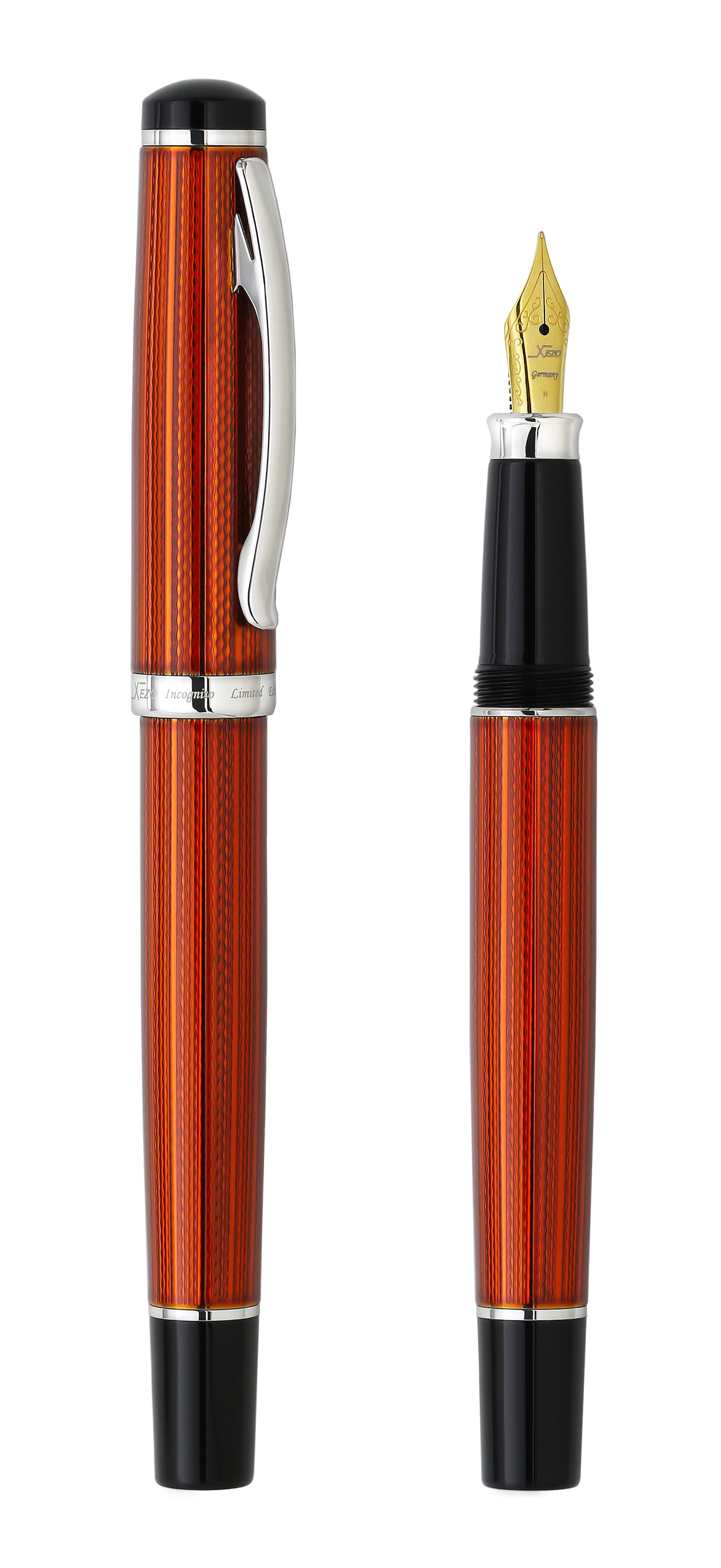 Xezo - Comparison between the angled side view of the capped and uncapped Incognito Sunstone FM fountain pens