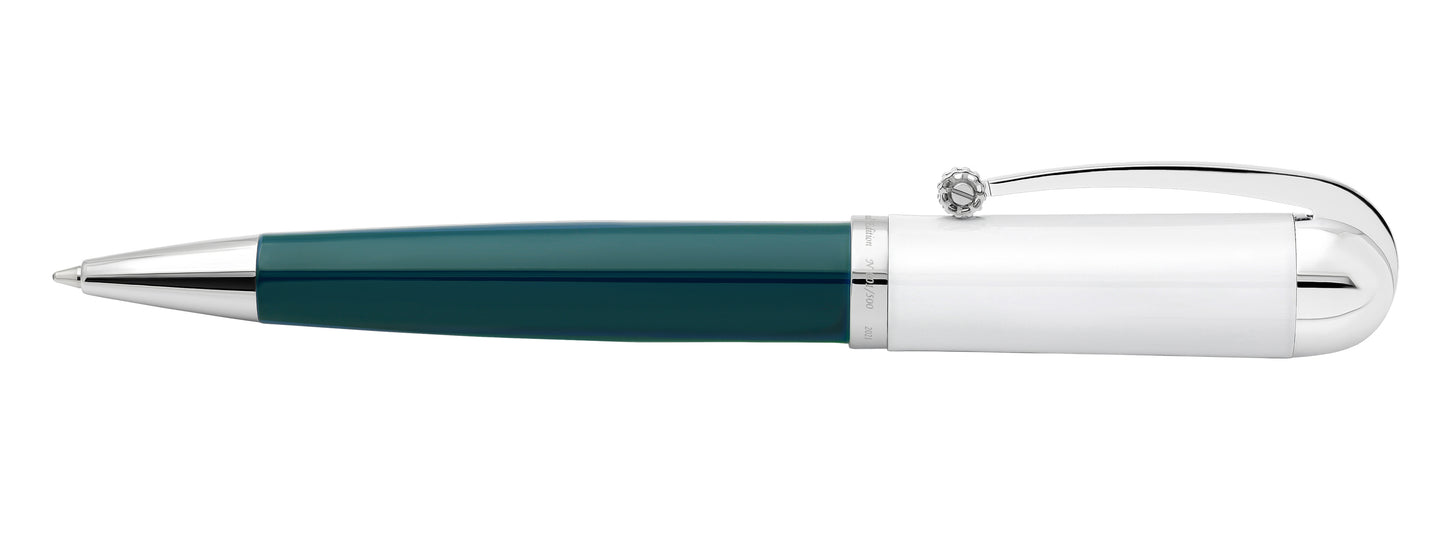Xezo - Side view of the Visionary Teal Green/White B ballpoint pen in twisted-tip position