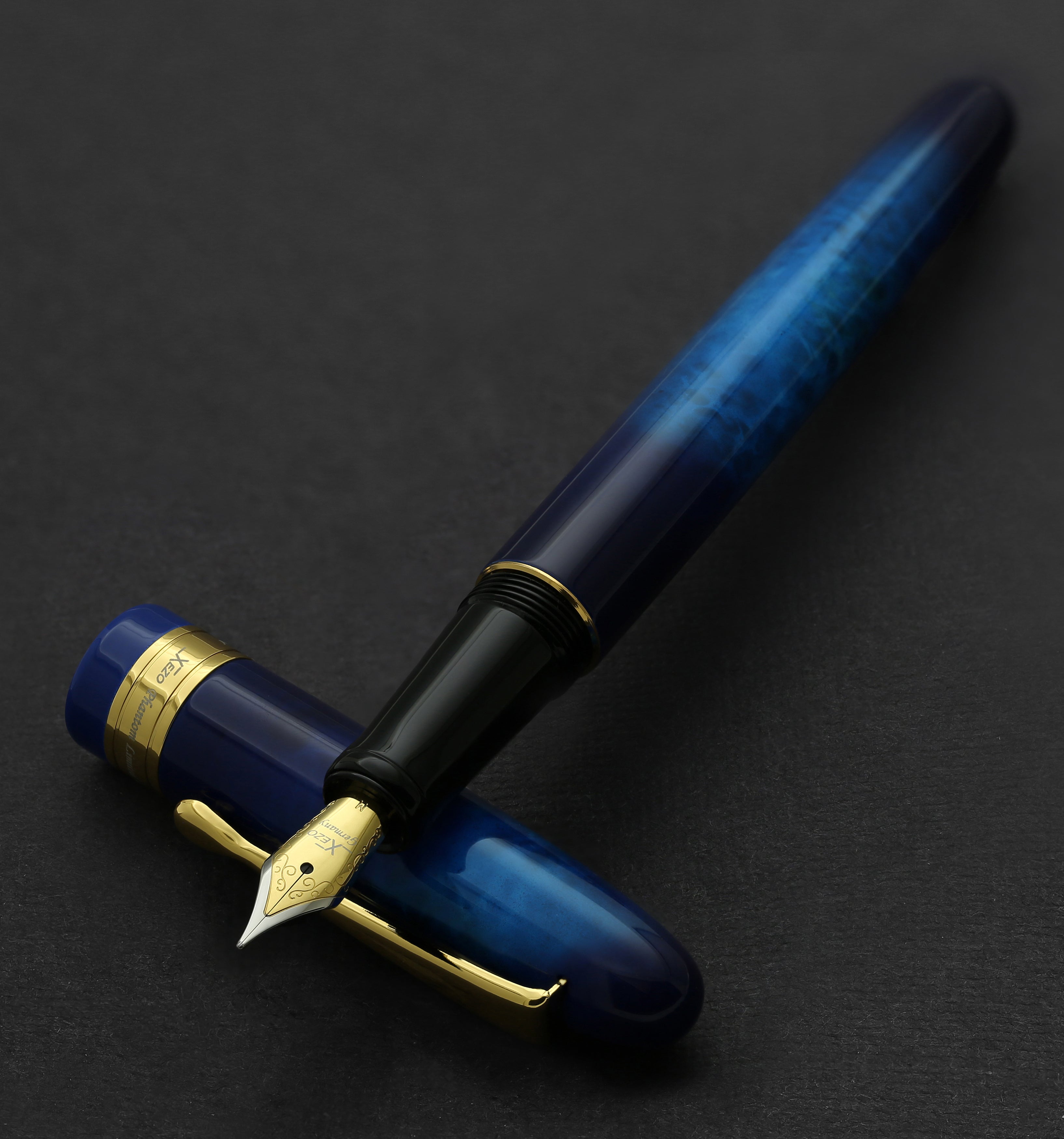 Xezo Phantom Fountain Pen, Medium Tip. Stardust store Blue Hand-Enameled Pattern, 18K Gold Plated. Handmade