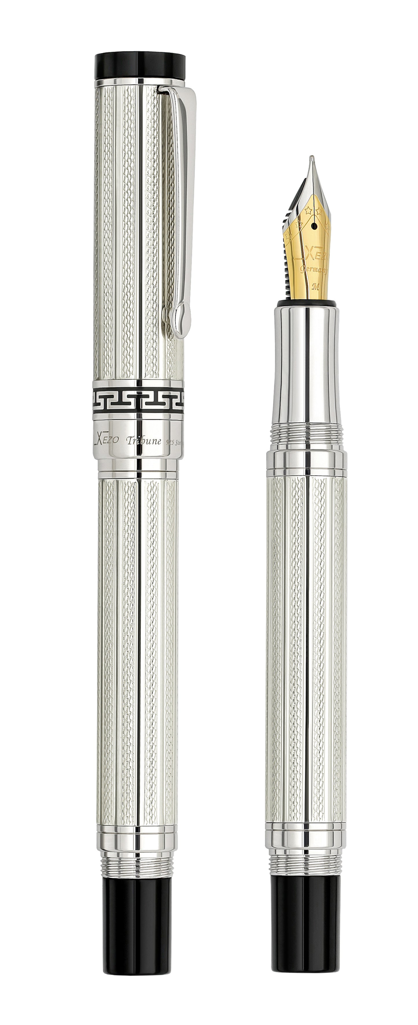 Xezo – Comparison between 3/4 view of the capped and uncapped Tribune 925 Sterling Silver FM fountain pens