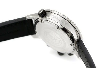 Xezo - Angled view of the back of the Air Commando D45-GS-L watch with black leather strap. "AIR COMMANDO" engraved on the side of the case next to the crown