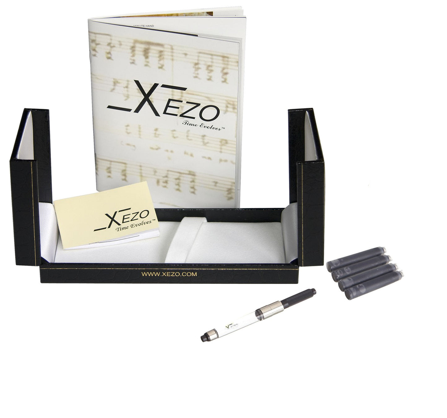Xezo - Black gift box, certificate, manual, chrome-plated ink converter, and four ink cartridges of the Maestro Sea Shell FPG-M fountain pen