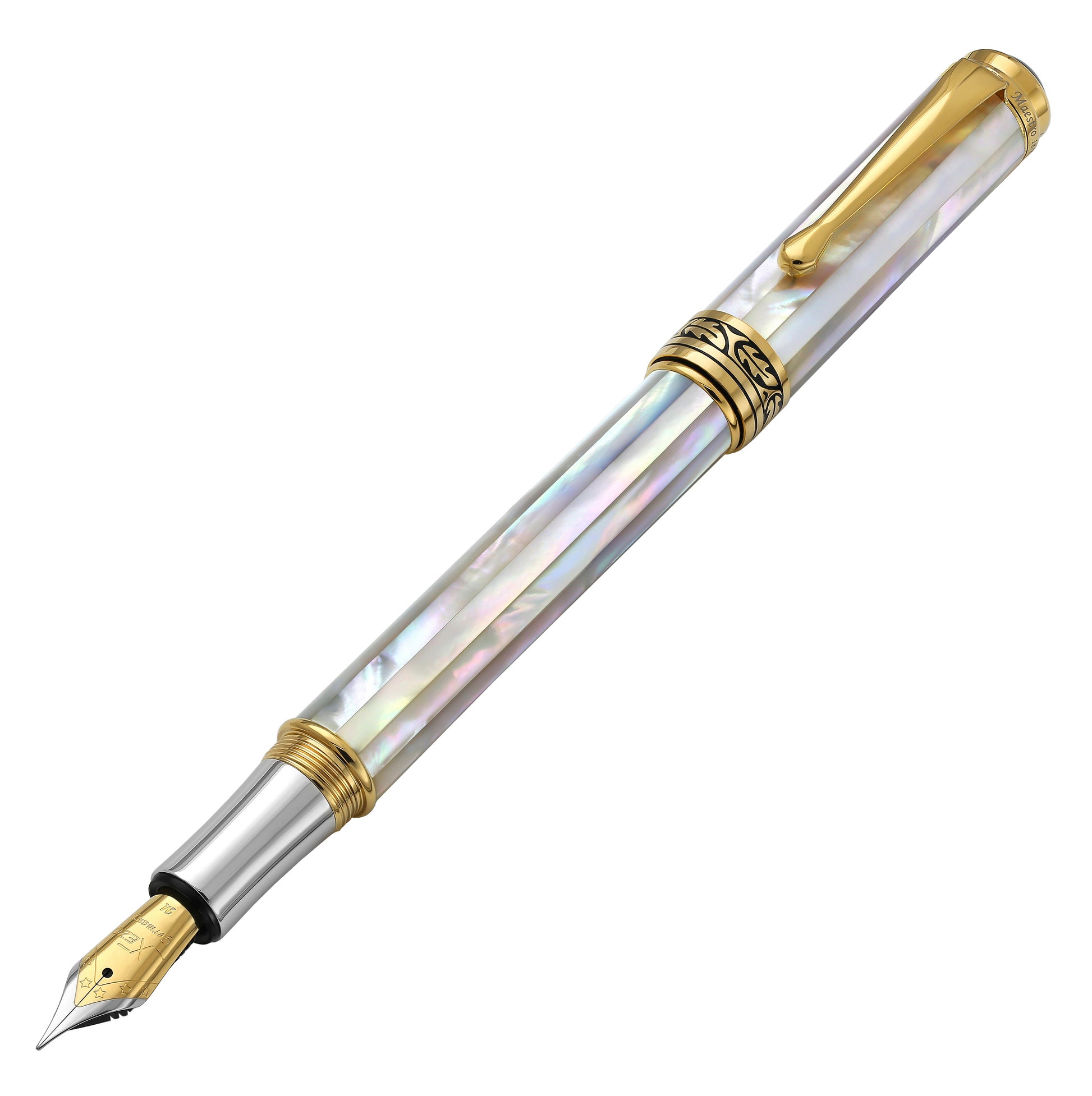 Angled front view of the Maestro White MOP FM fountain pen
