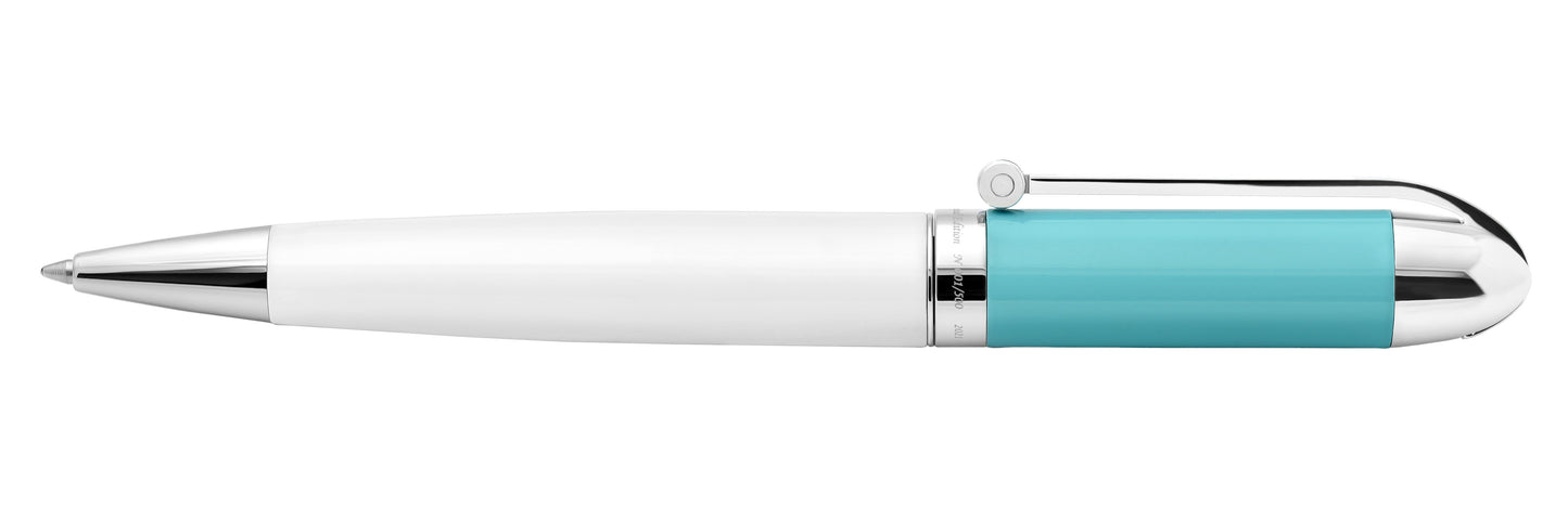 Xezo - Side view of the Visionary Sky Blue/White B ballpoint pen in twisted-tip position