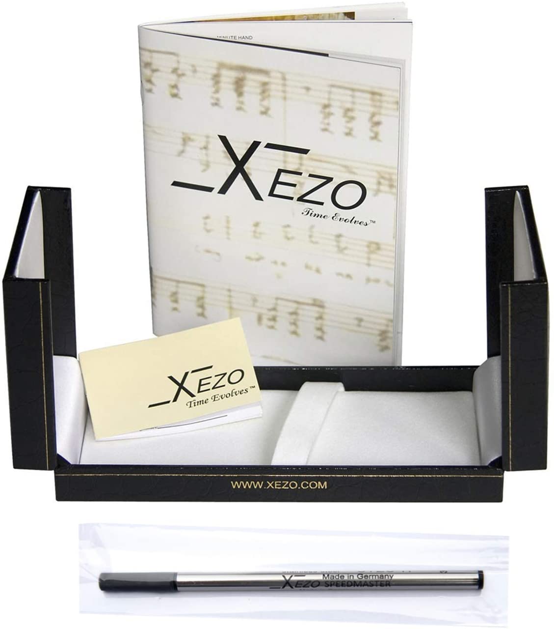 Xezo - Black gift box, certificate, manual, and gel ink cartridge of the Maestro MOP Sea Shell R rollerball pen