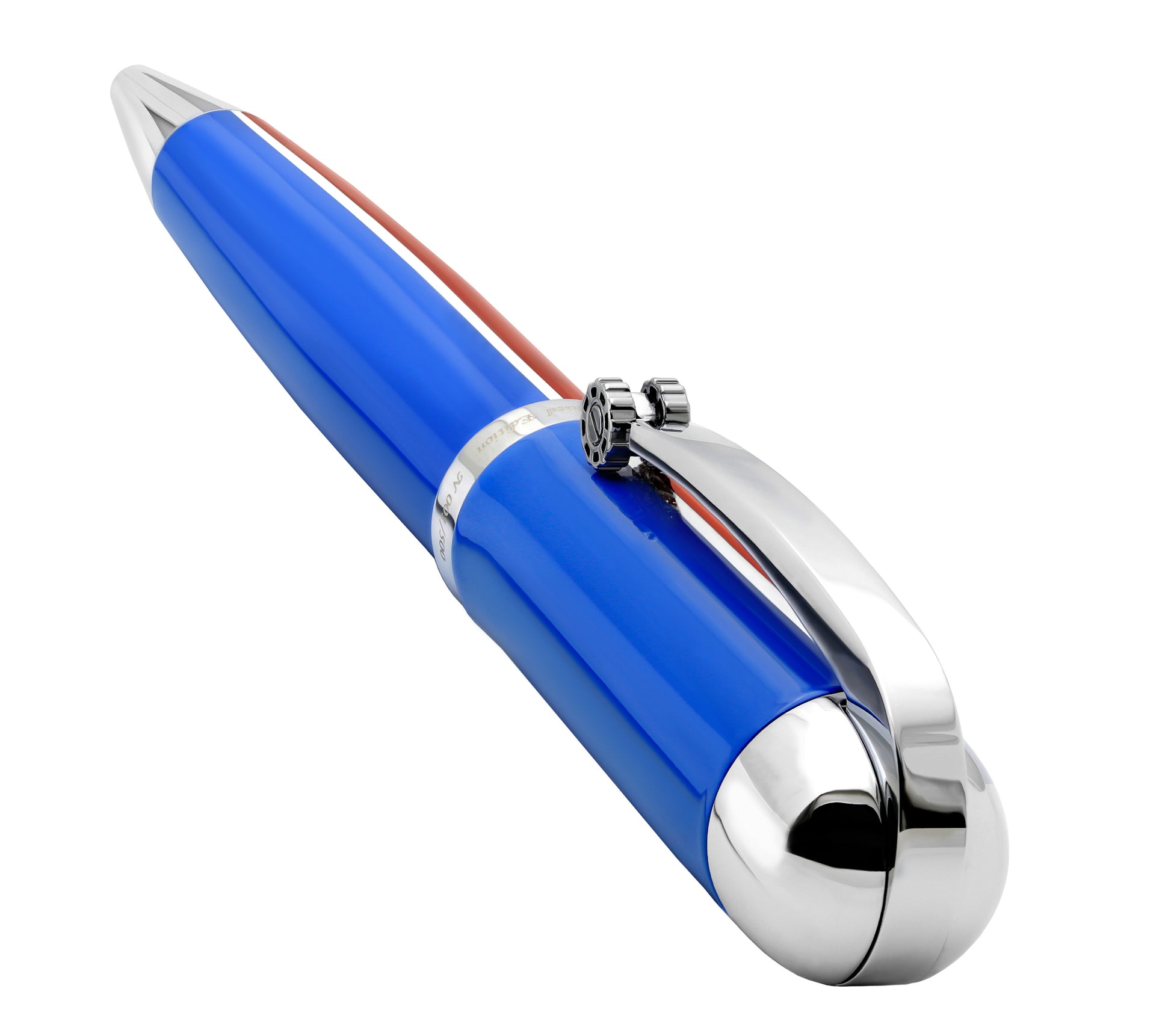 Xezo - Angled 3D view of the back of the Visionary Red/Blue B ballpoint pen in neutral-tip position