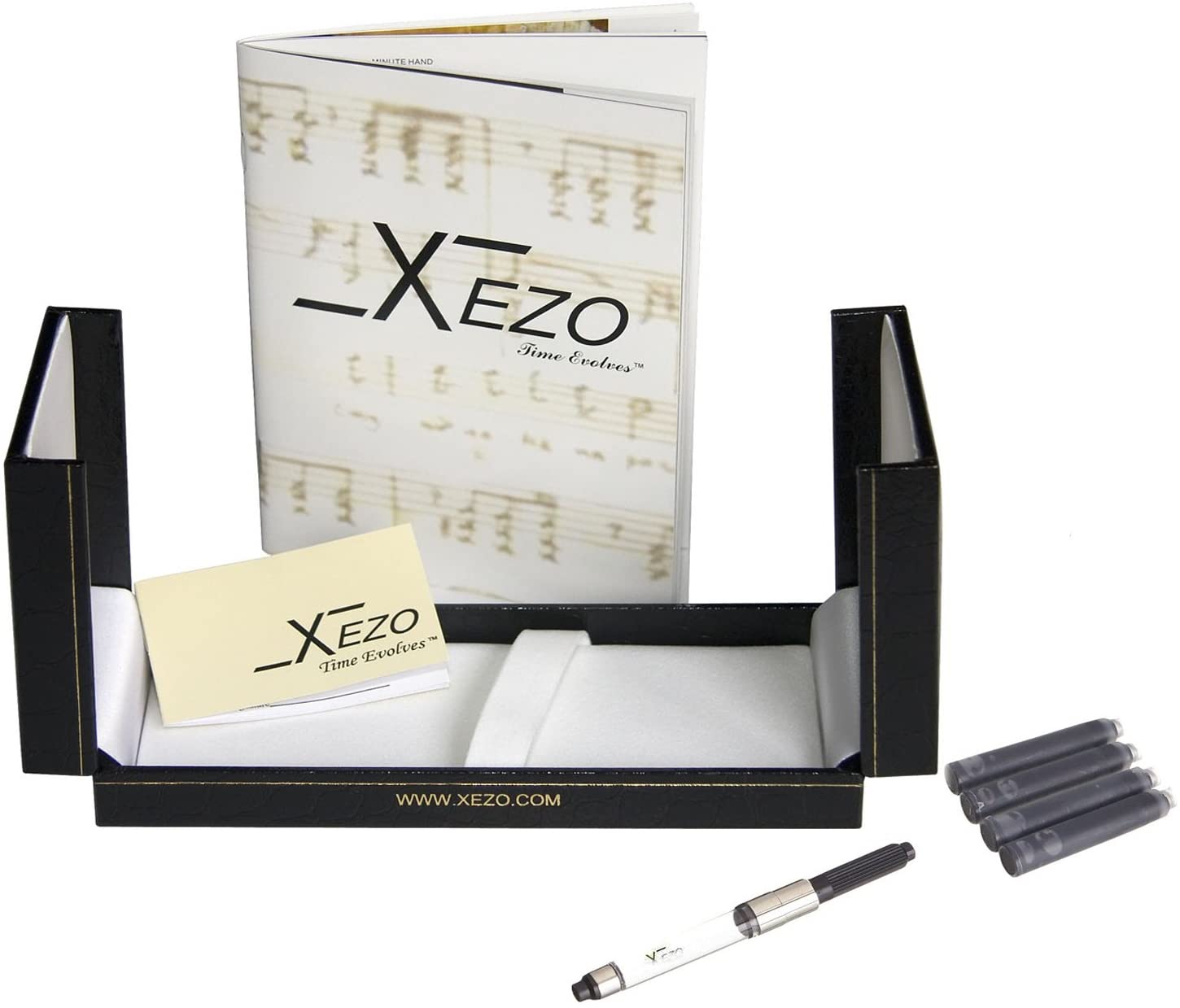 Xezo - Black gift box, certificate, manual, chrome-plated ink converter, and four ink cartridges of the Urbanite II Trek FM fountain pen