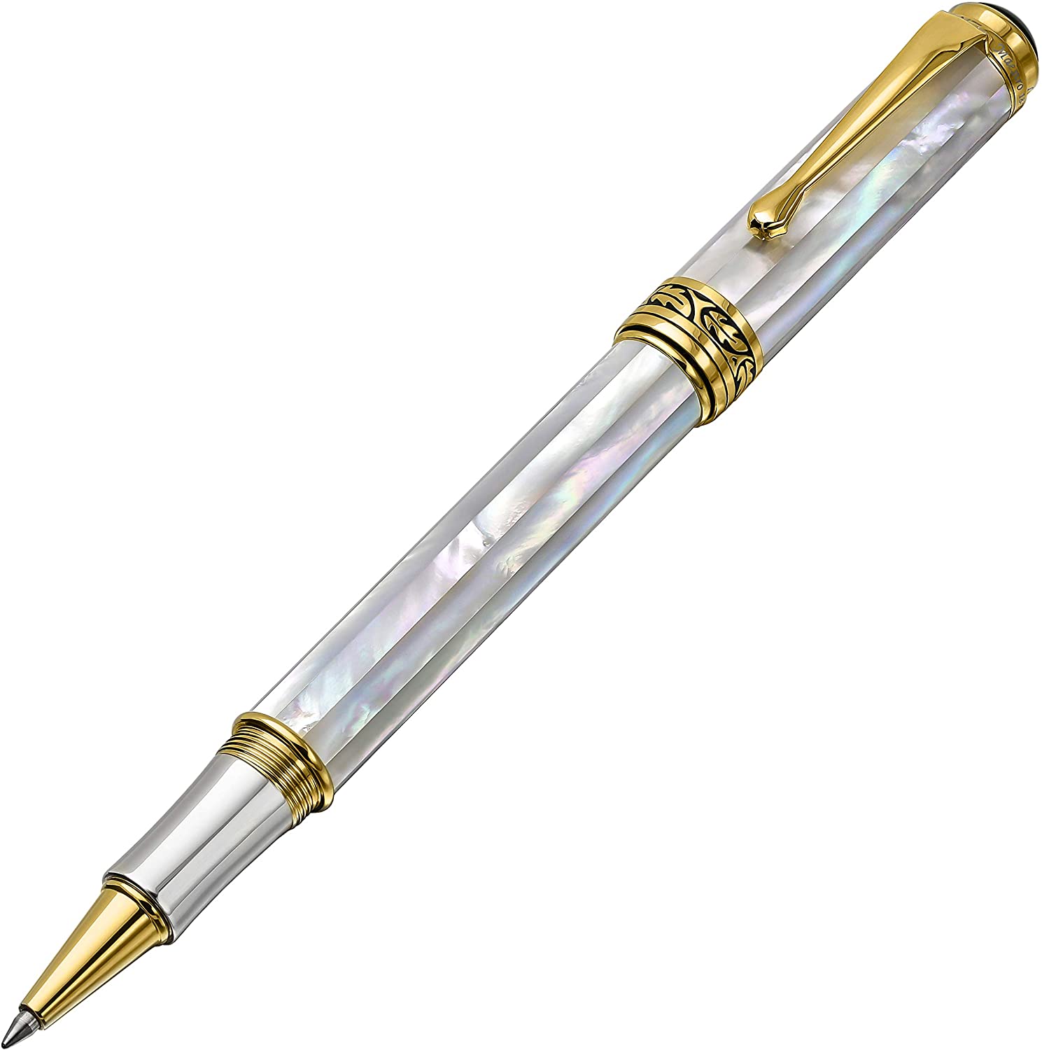 Xezo - Angled 3D view of the front of Maestro White MOP R rollerball pen