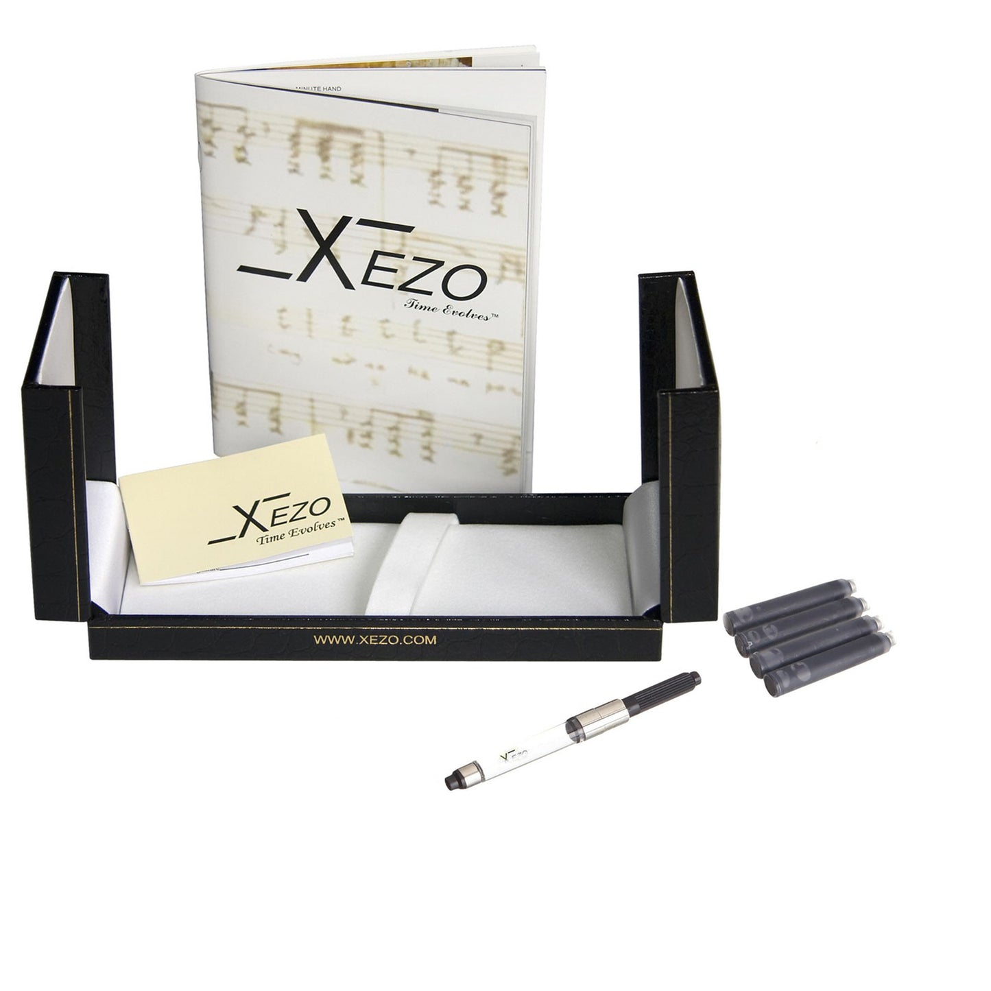 Xezo - Black gift box, certificate, manual, chrome-plated ink converter, and four ink cartridges of the O Sole Mio F fountain pen