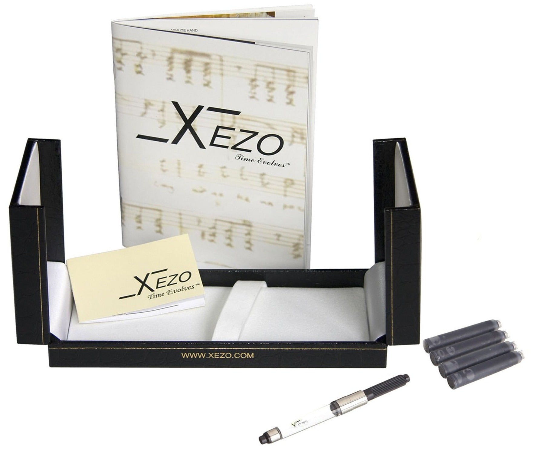 Xezo - Black gift box, certificate, manual, chrome-plated ink converter, and four ink cartridges of the Maestro Sea Shell FPG-1 fountain pen