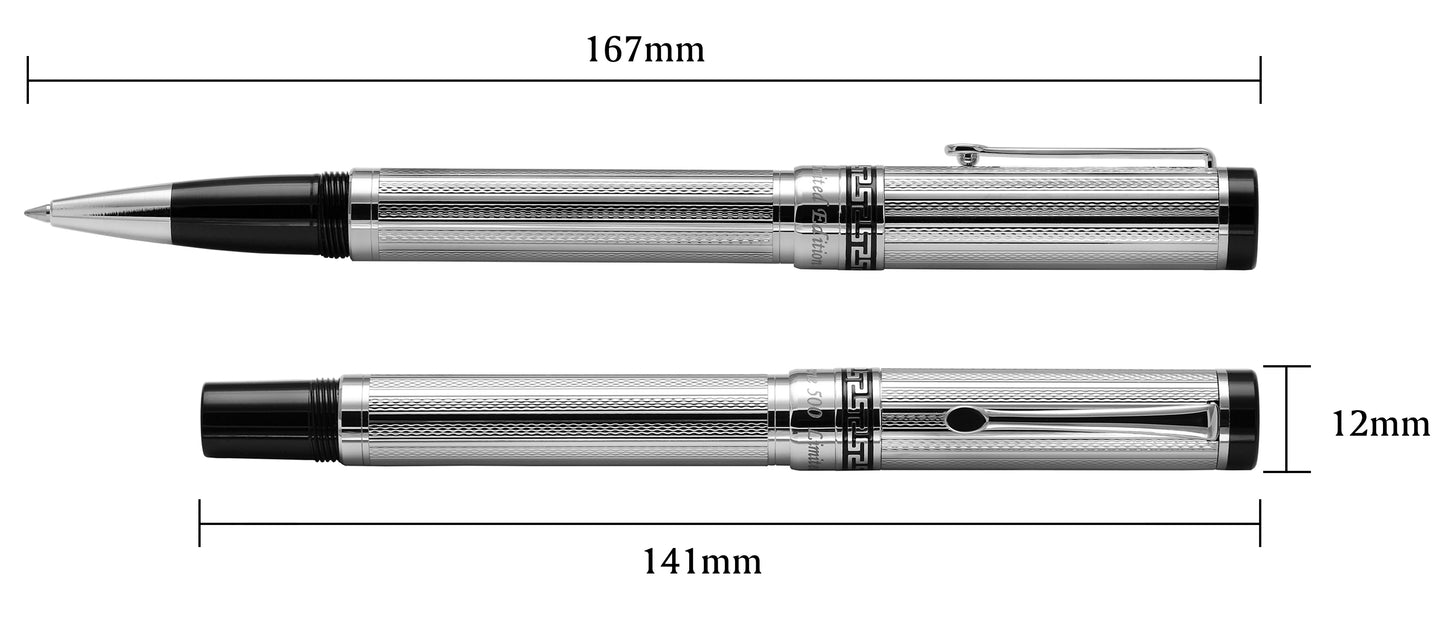 Xezo - Comparison between capped and uncapped Tribune Platinum R rollerball pens. The uncapped rollerball pen measures 167mm in length and the capped rollerball pen measures 141mm in length and 12mm in width