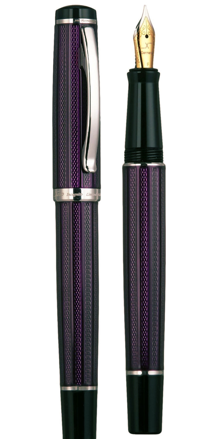 Xezo - Comparison between the angled view of the sides of the capped and uncapped Incognito Purple F fountain pens