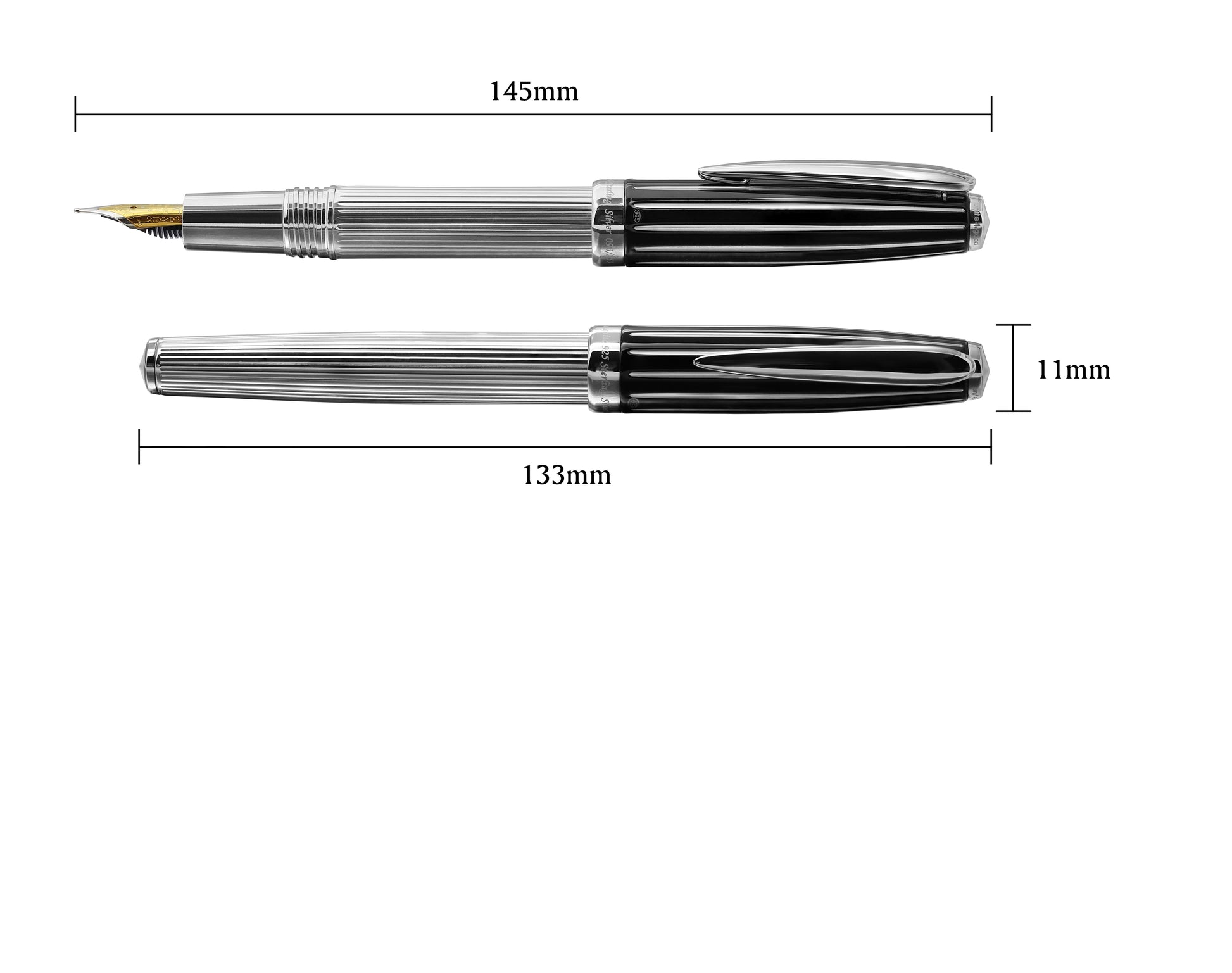 Xezo - Comparison between capped and uncapped Incognito 925 Sterling Silver F fountain pens. The uncapped fountain pen is 145 mm in length and the capped fountain pen is 133mm in length and 11mm in width.