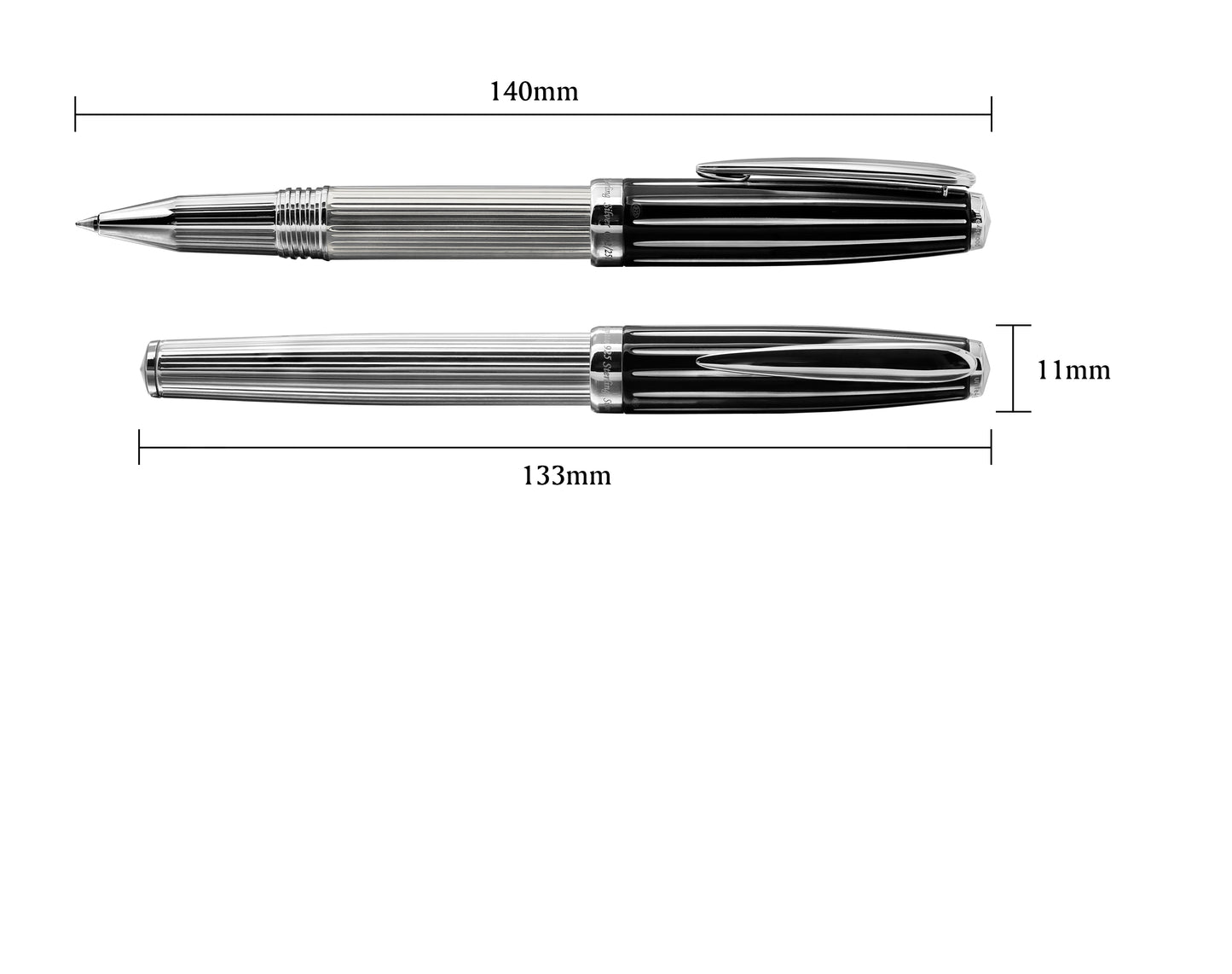 Xezo - Comparison between capped and uncapped Incognito 925 Sterling Silver R rollerball pens. The uncapped fountain pen is 140 mm in length and the capped fountain pen is 133mm in length and 11mm in width.