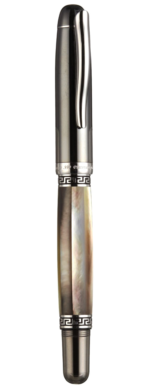 Xezo - Angled front view of a capped Maestro Black MOP Tungsten F-PL fountain pen