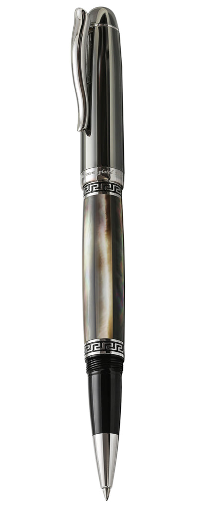 Xezo - Angled view of the side of the Maestro Black MOP Tungsten R-PL rollerball pen
