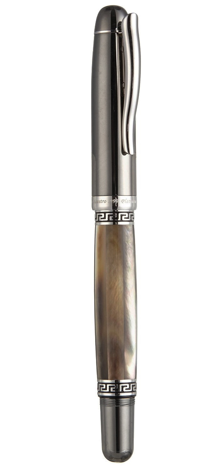 Xezo - Angled side view of a capped Maestro Black MOP Tungsten R-PL rollerball pen