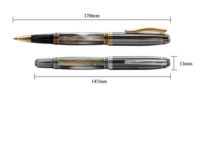 Xezo - Comparison between the capped and uncapped Maestro Black MOP Tungsten rollerball pens. The uncapped Black MOP Tungsten measures 170mm in length and the capped Black MOP Tungsten measures 147mm in length and 13mm in width