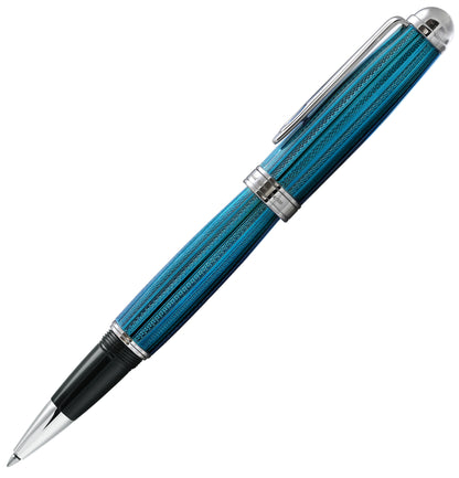Xezo - Side angled view of the Freelancer Venetian Blue R rollerball pen, with the cap posted on the end of the barrel