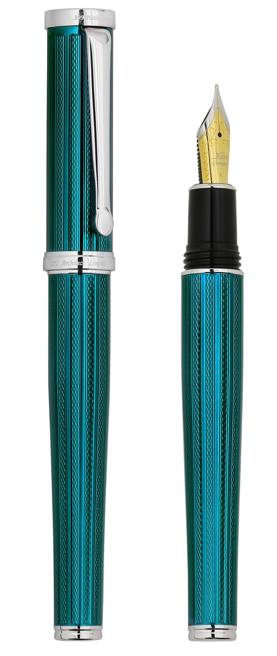 Xezo - Front view comparison between capped and uncapped Architect Azure Blue F-2 fountain pens