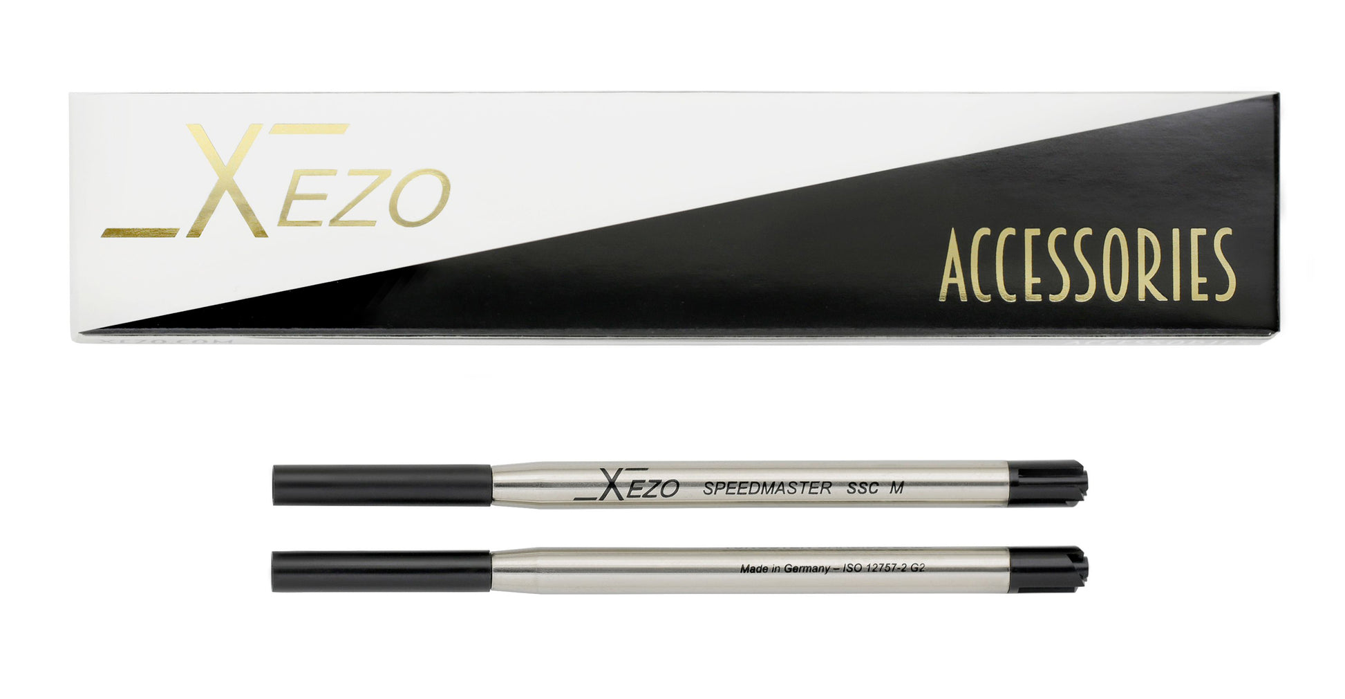 Xezo - Two black ballpoint ink cartridges and a Xezo ACCESSORIES box - Xezo Speedmaster Black SSC-M Ballpoint Refills