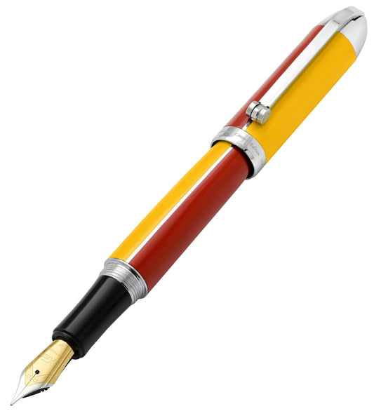 Xezo - Angled front view of the Visionary Aspen/Red F fountain pen, with the cap posted on the end of the barrel