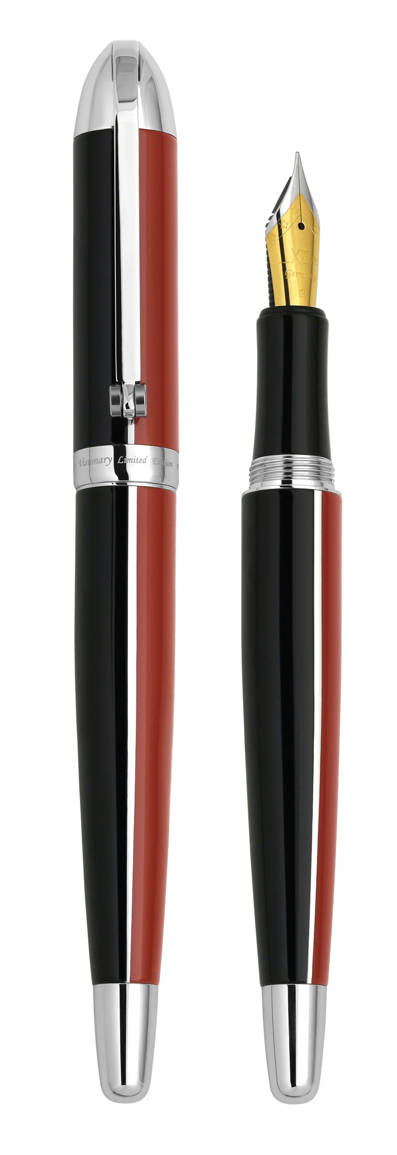 Xezo - Vertical view of two Visionary Red/Black F fountain pens. The pen on the left is capped, and the pen on the right has no cap