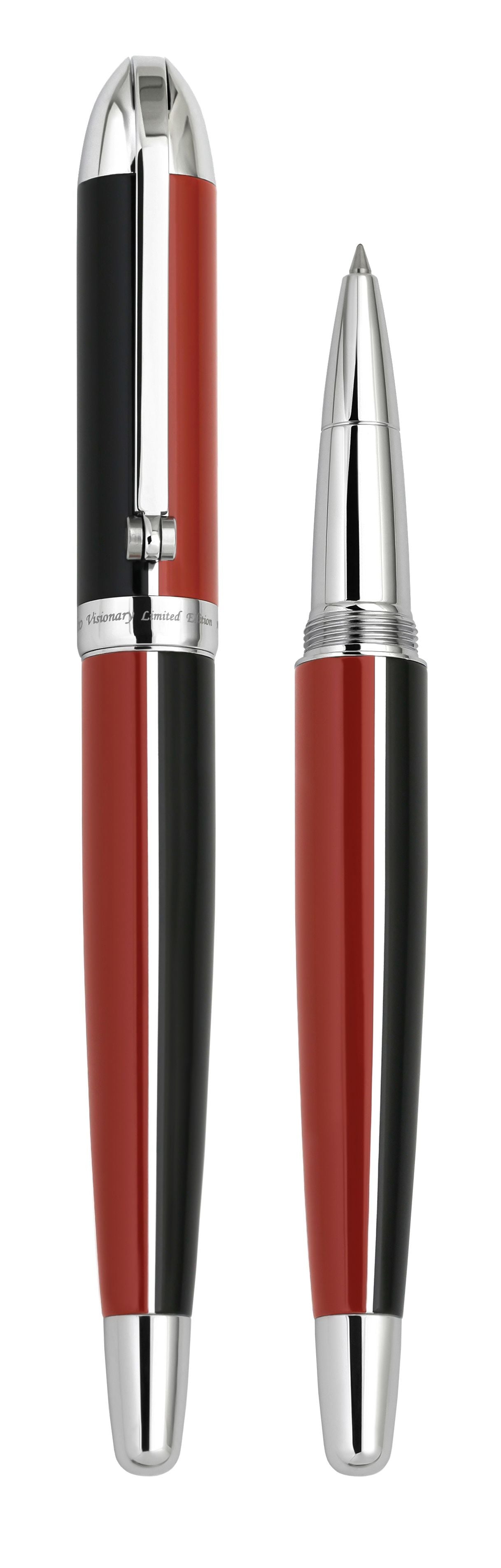 Xezo - Vertical view of two Visionary Red/Black R rollerball pens. The pen on the left is capped, and the pen on the right has no cap