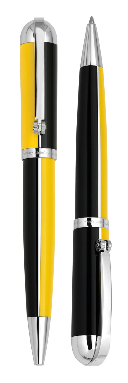 Xezo - Vertical view of two Visionary Speed Yellow/Black B ballpoint pens. The pen on the left is untwisted, and the pen on the right is twisted to show the writing point