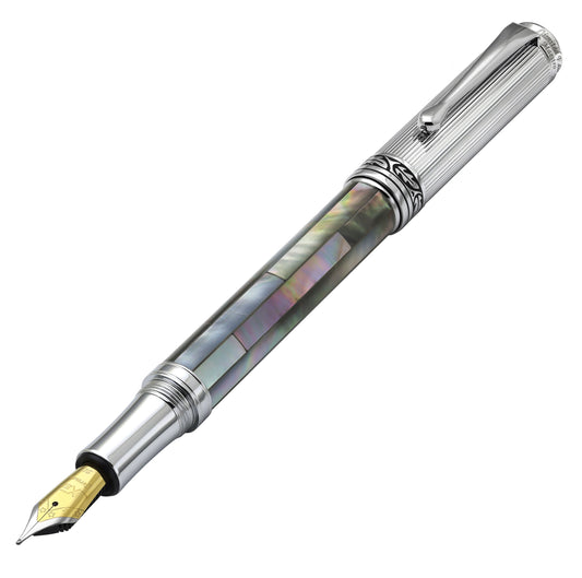 Xezo - Angled front view of the Maestro Black MOP Chrome FM fountain pen (facing to the left), with the cap posted on the end of the barrel
