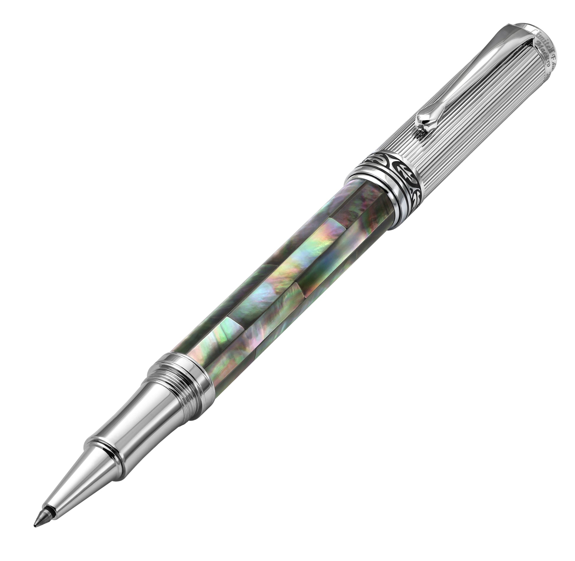 Xezo - Angled front view of the Maestro Black MOP Chrome R rollerball pen, with the cap posted on the end of the barrel
