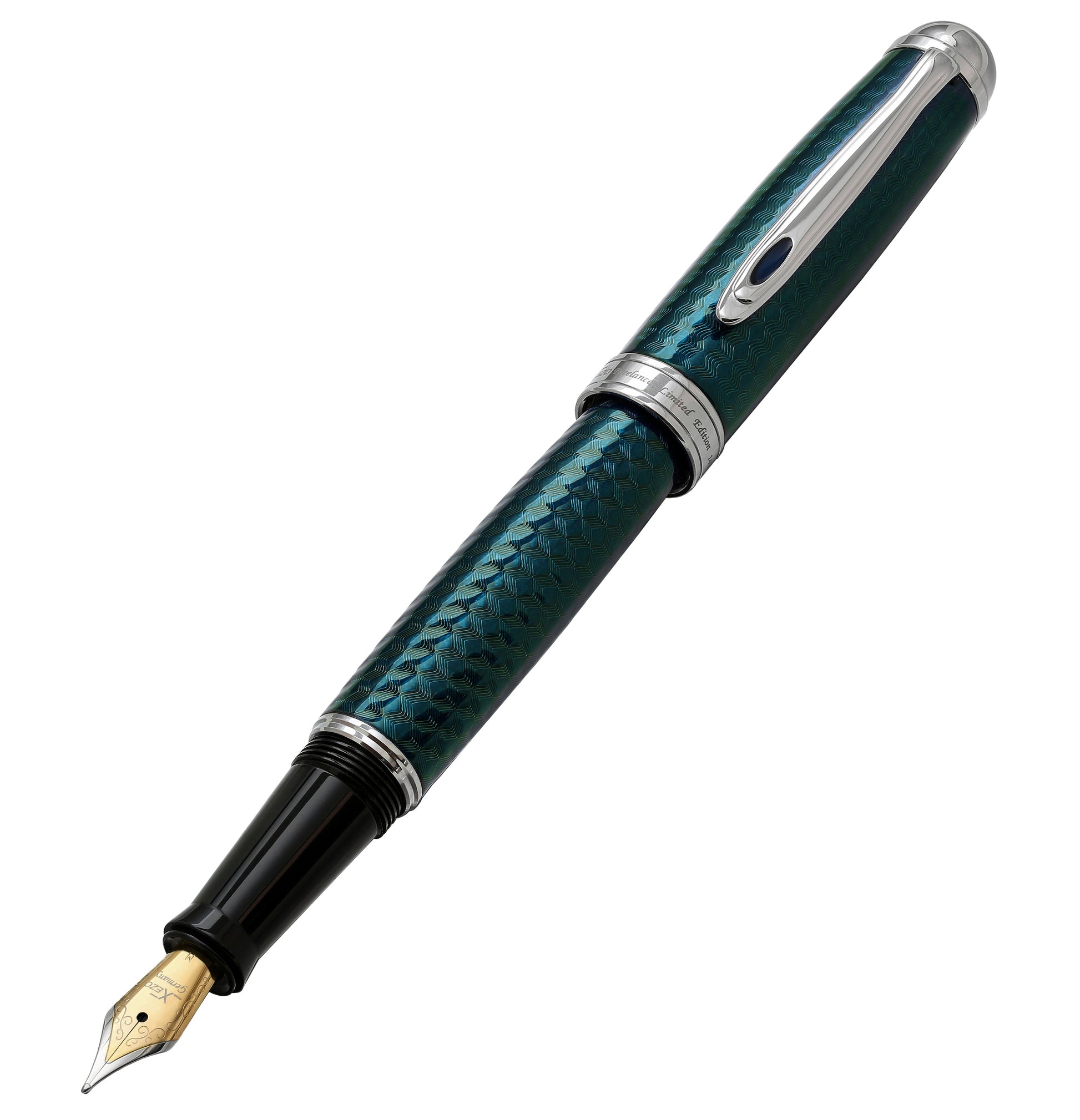 Xezo - Front angled view of the Freelancer Blue F fountain pen, with its cap posted on the end of the barrel