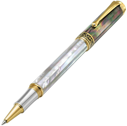 Xezo - Angled front view of the Maestro MOP RG rollerball pen, with the cap posted on the end of the barrel