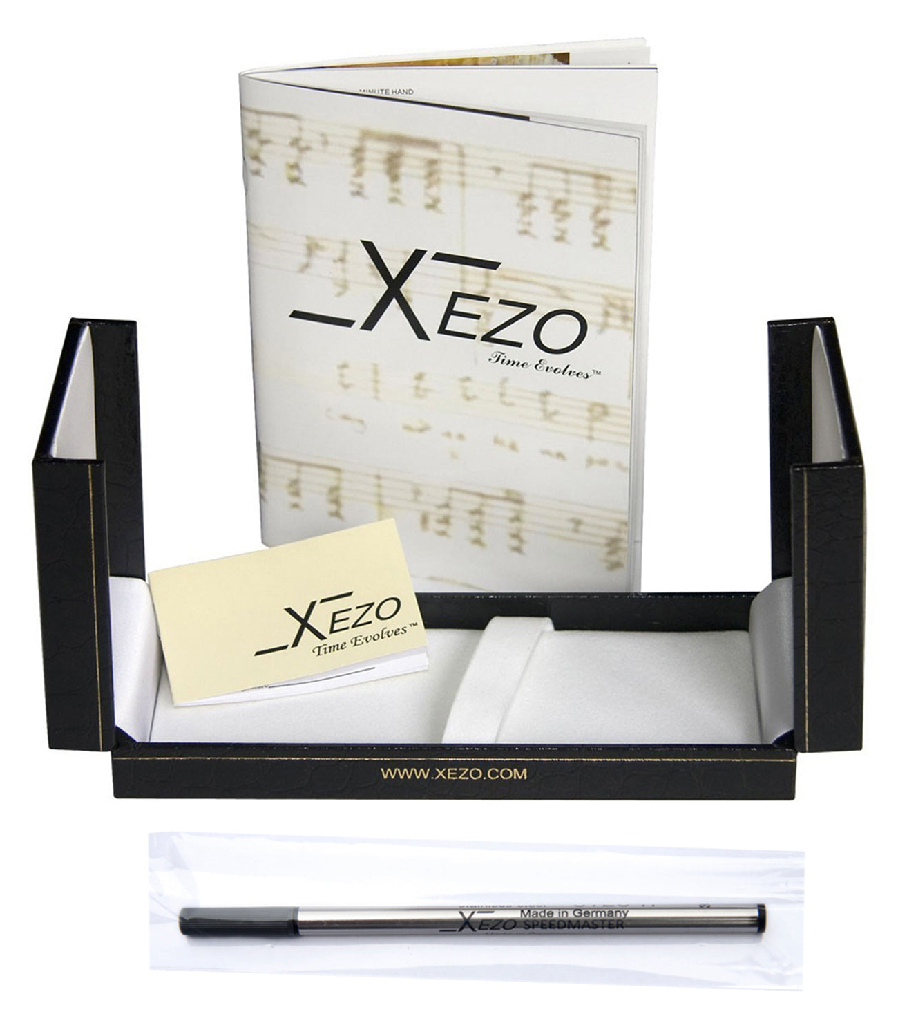 Xezo - Black gift box, certificate, manual, and gel ink cartridge of the Tribune Platinum R rollerball pen