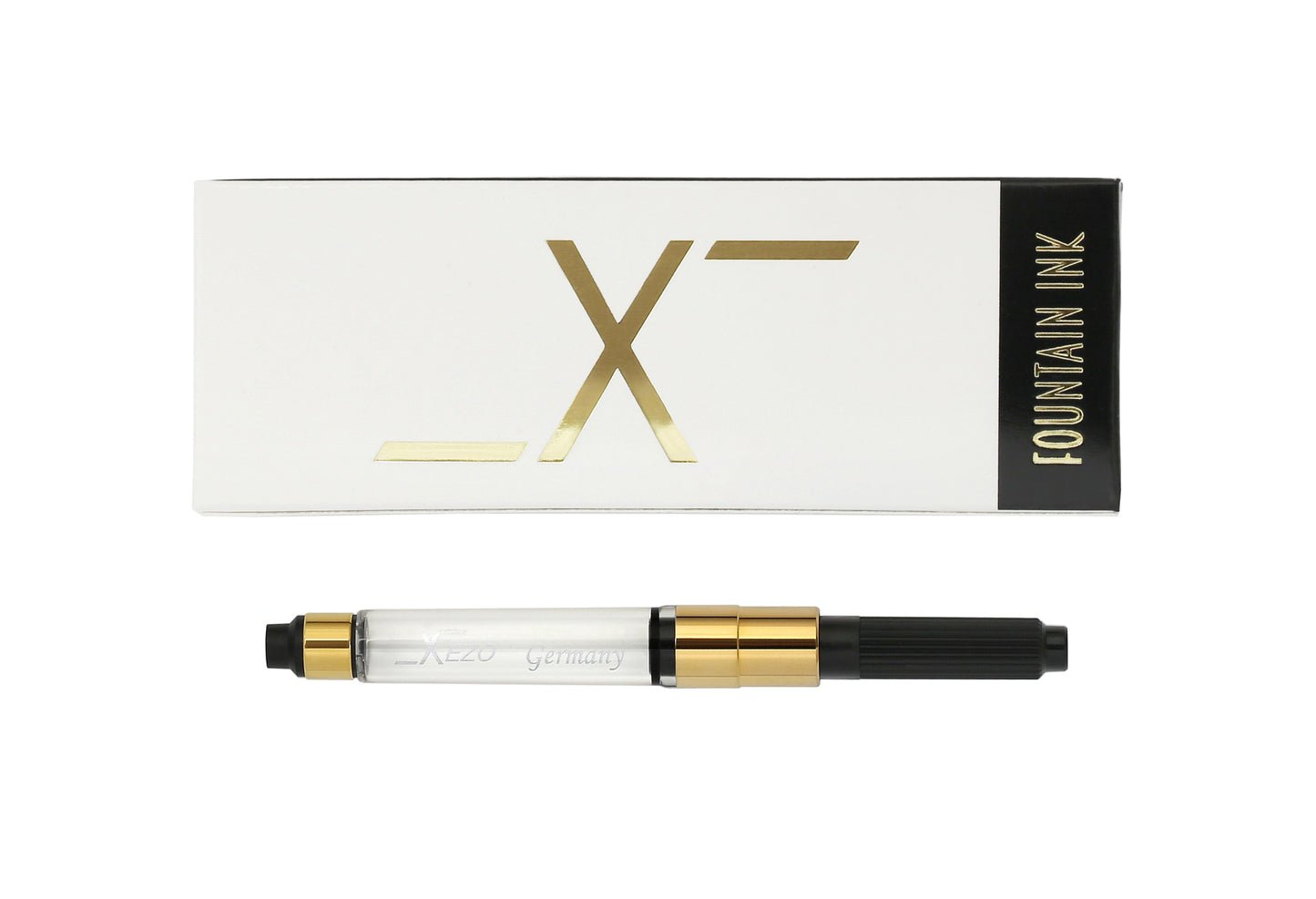 Gold-plated fountain ink converter for Xezo fountain pens and a Xezo fountain ink box