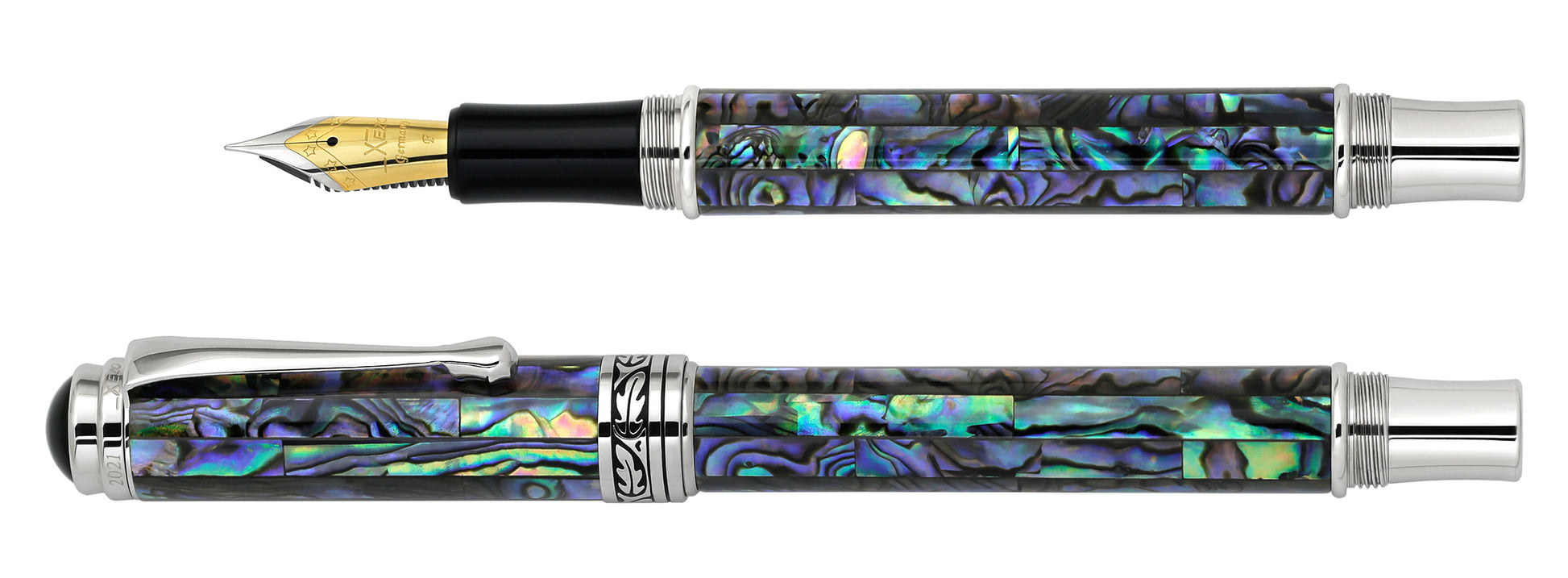 Xezo - Horizontal view of two Maestro Sea Shell FP-2 fountain pens, one without a cap and one that is capped