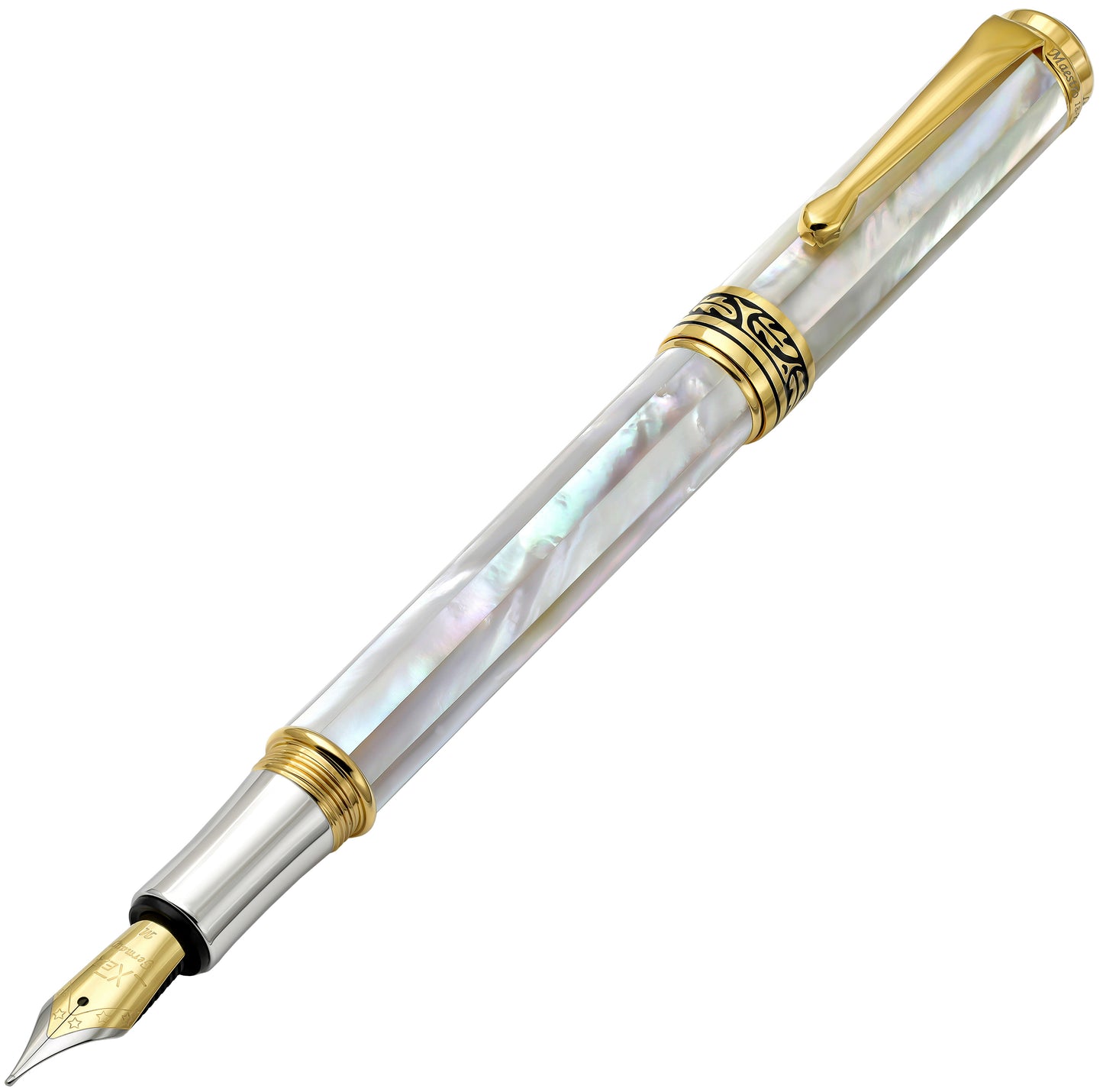 Angled 3D view of the front of the Maestro White MOP FM fountain pen
