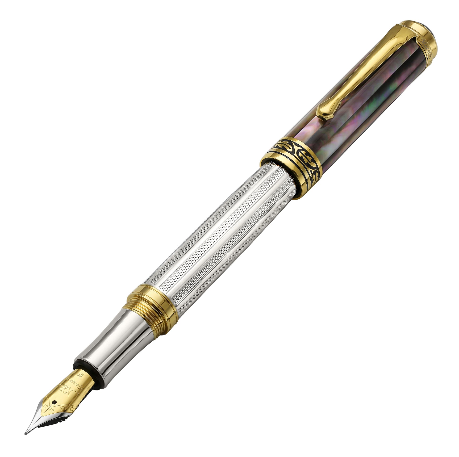 Xezo - Angled view of the front of the Maestro 925 BL MOP FG fountain pen