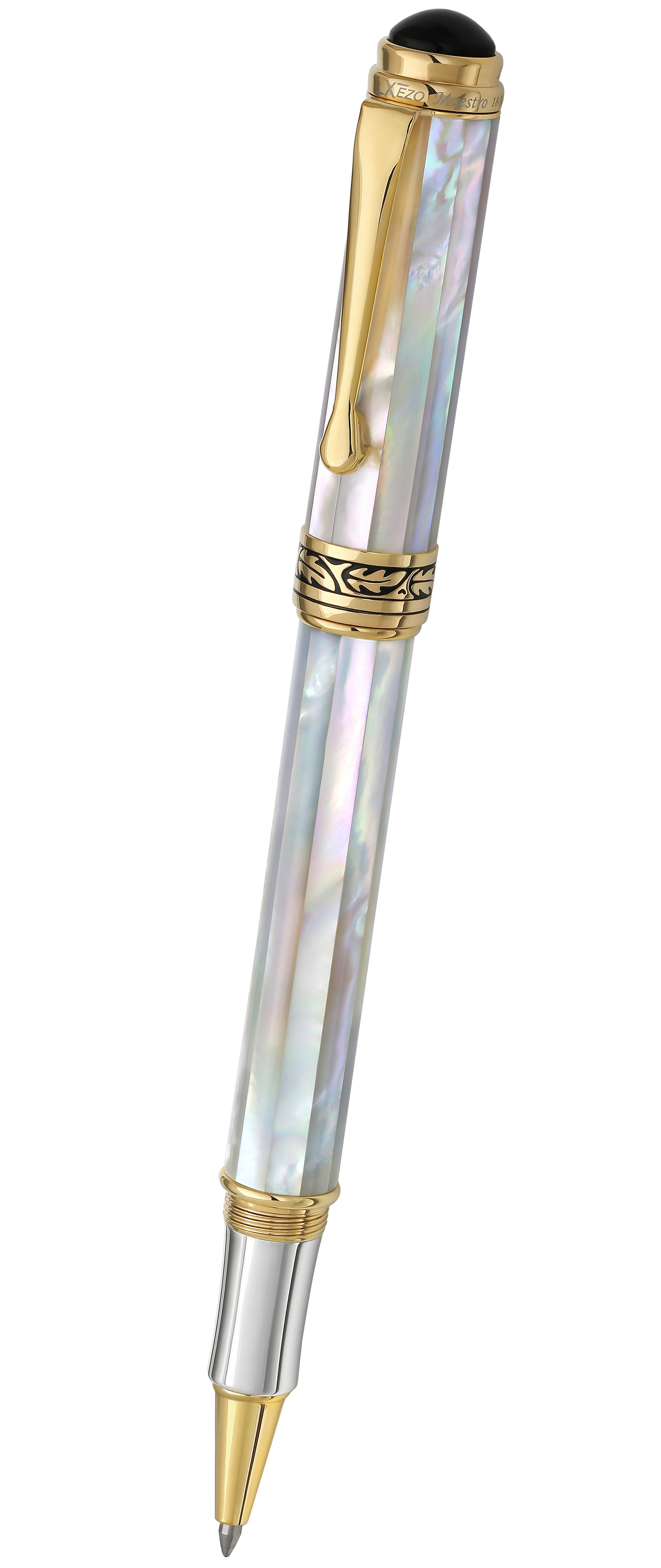 Xezo - Angled 3D view of the front of the Maestro White MOP R Rollerball pen