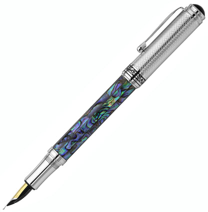 Xezo - Angled side view of the Maestro Paua Abalone Chrome FM fountain pen, with the cap posted on the end of the barrel
