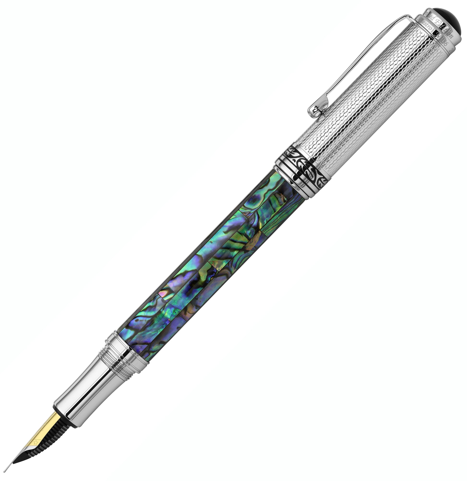 Xezo - Angled side view of the Maestro Paua Abalone Chrome F fountain pen, with the cap posted on the end of the barrel