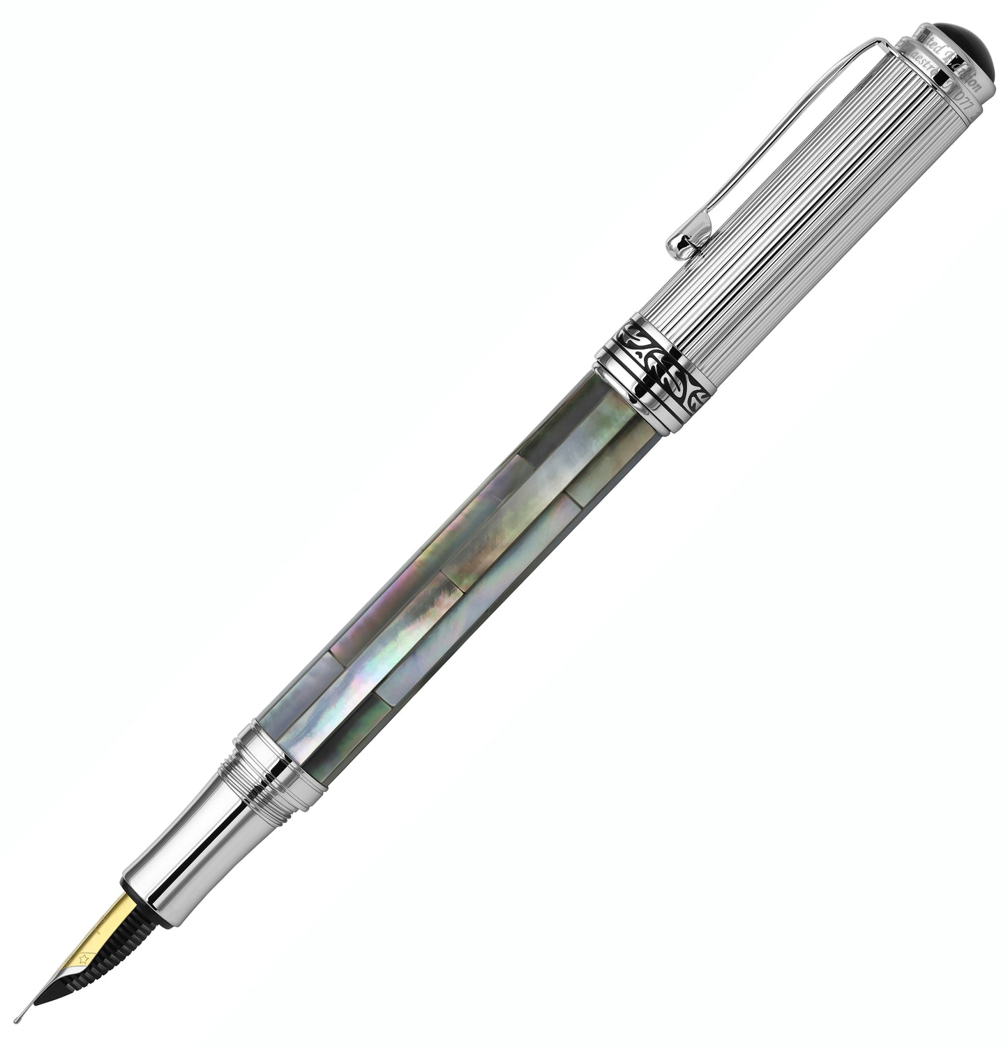 Xezo - Angled side view of the Maestro Black MOP Chrome FM fountain pen, with the cap posted on the end of the barrel