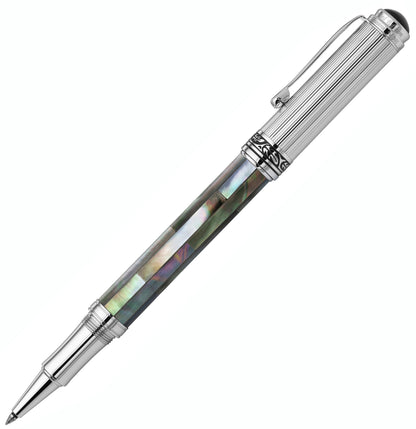 Xezo - Angled side view of the Maestro Black MOP Chrome R fountain pen, with the cap posted on the end of the barrel