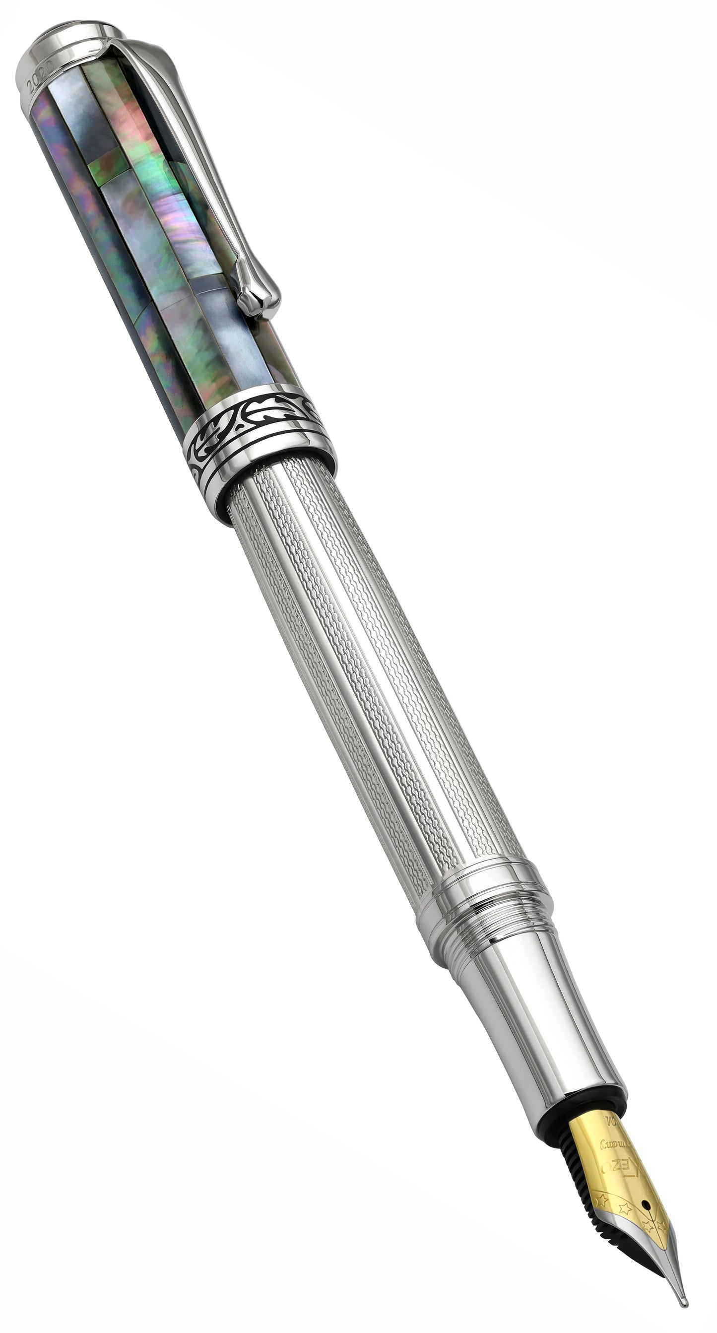 Xezo - Angled front view of the Maestro 925 BL MOP FM fountain pen, with the cap posted on the end of the barrel