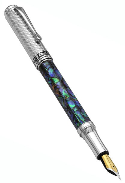 Xezo - Angled front view of the Maestro Paua Abalone Chrome F fountain pen (facing right), with the cap posted on the end of the barrel