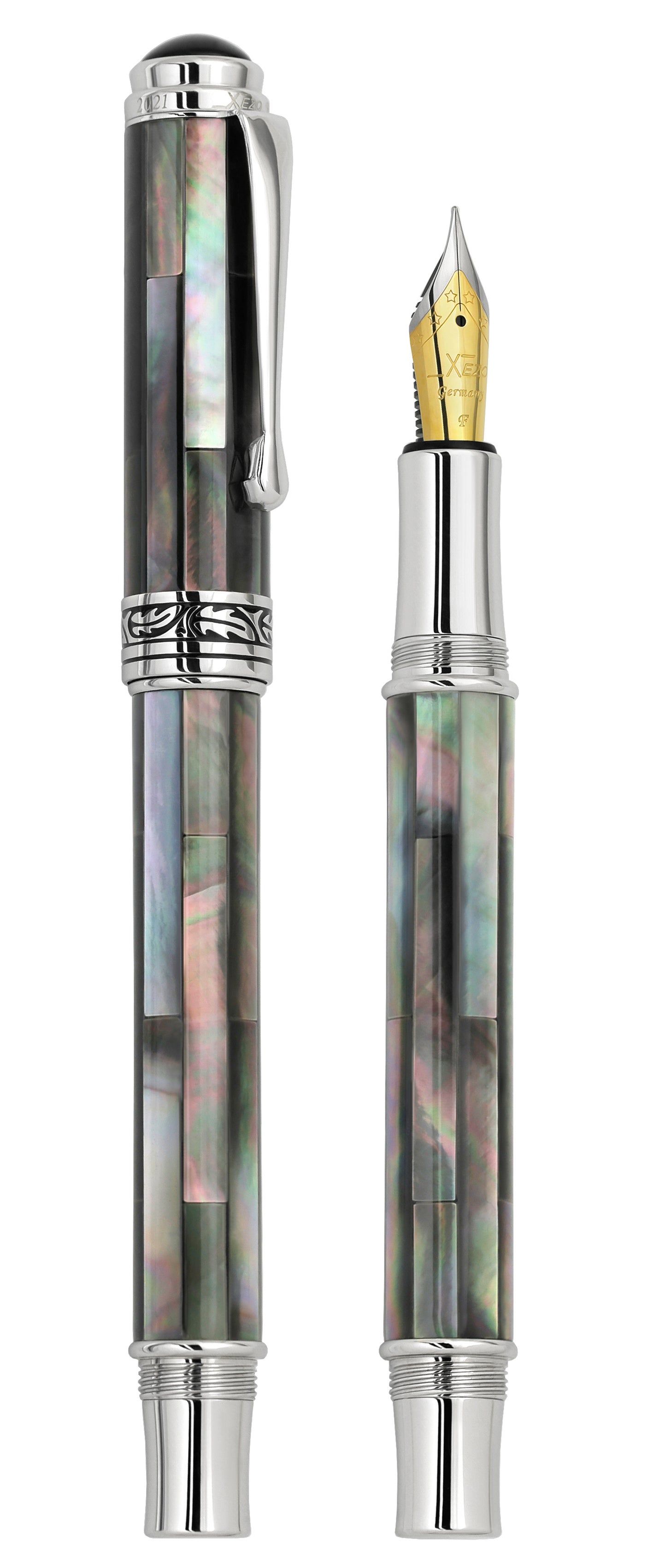 Xezo - Vertical view of two Maestro Black Mother of Pearl FBP-2 pens. The pen on the left is capped, and the pen on the right has no cap