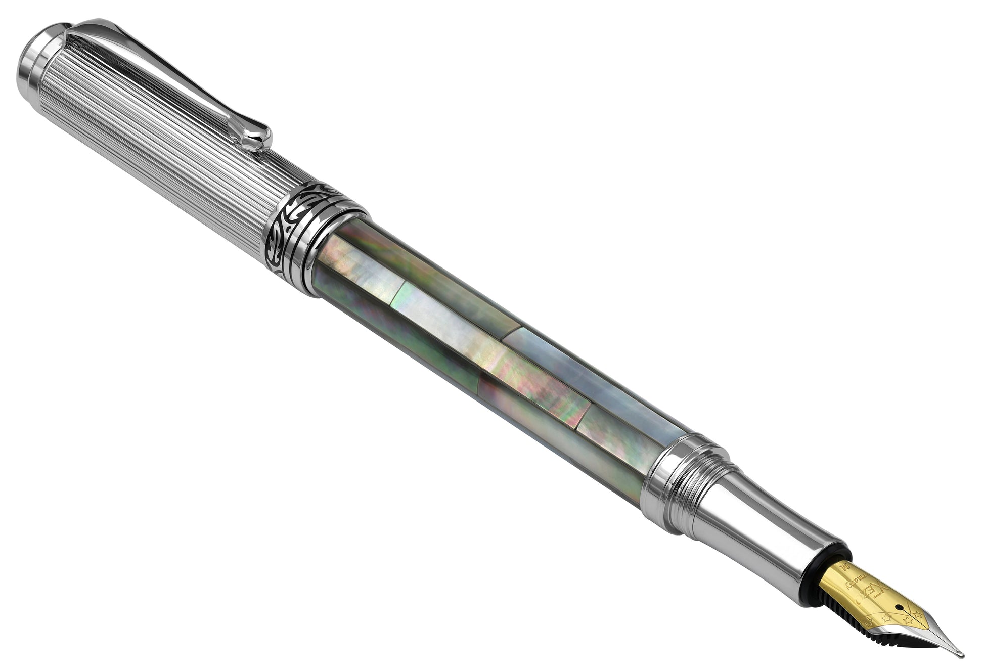 Xezo - Angled front view of the Maestro Black MOP Chrome FM fountain pen (facing to the right), with the cap posted on the end of the barrel