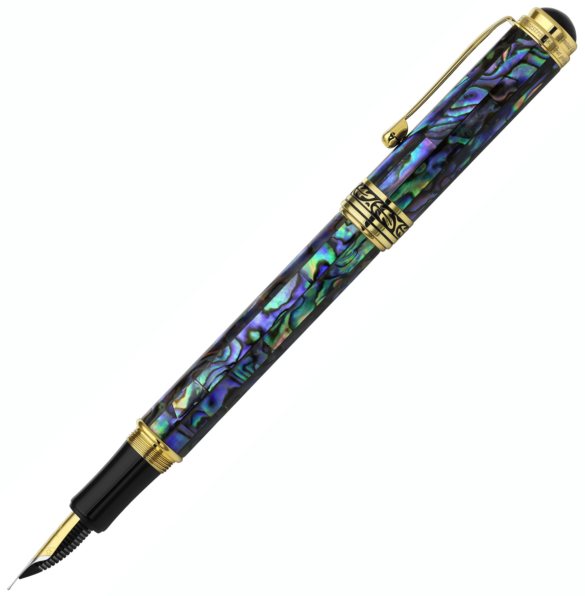Xezo - Angled side view of the Maestro Sea Shell FPG-1 fountain pen, with the cap posted on the end of the barrel